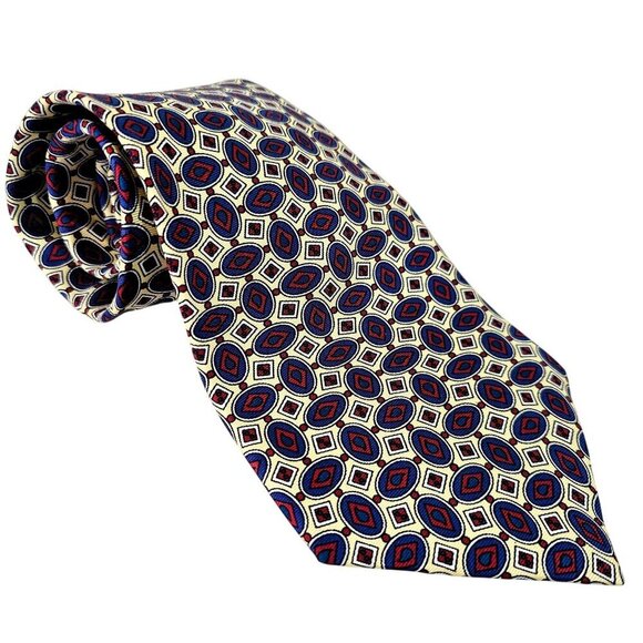 Henry Grethel Geometric Pattern Mens Silk Tie 56 x 4 Inches Wine Navy Gold - Picture 1 of 8